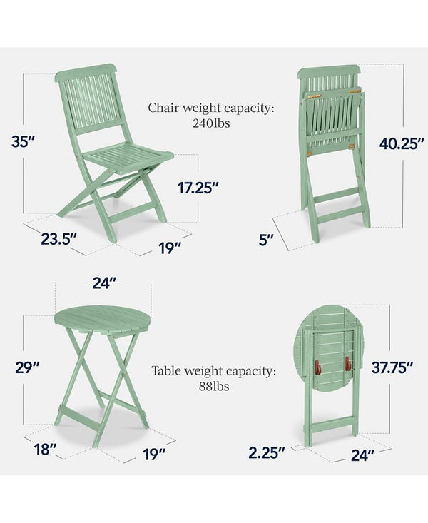 Best Choice Products 3-Piece Acacia Wood Bistro Set, Folding Patio Furniture w/ 2 Chairs, Table - Green -M8-0042