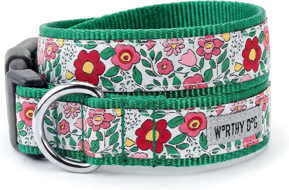 THE WORTHY DOG Adjustable Dog Collar for Medium Dogs, Durable Nylon Webbing, Quick Release Buckle, Spring Garden Floral Pattern, Coral, Medium -F10-1873