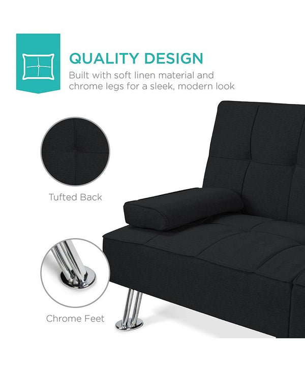 Best Choice Products Modern Linen Convertible Futon Sofa Bed w/ Removable Armrests, Metal Legs, Cupholders - Black - D5 - 1516