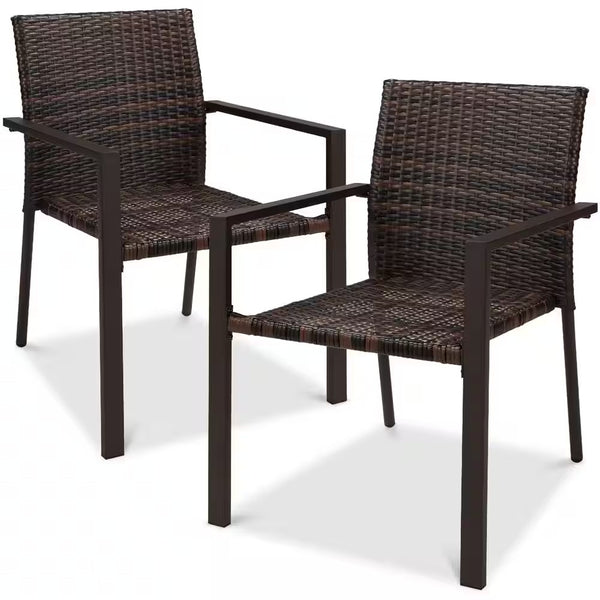 Stackable Brown Wicker Chairs with Armrests, Steel Conversation Accent Furniture for Patio (Set of 2) - D4 - 493