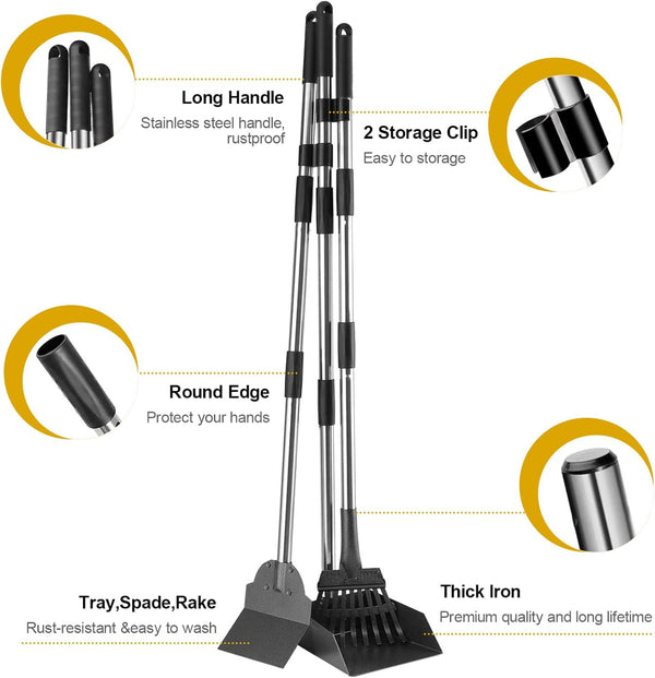 Niubya Pooper Scooper for Dogs, Metal Poop Scooper Tray and Rake Set with Adjustable Long Handle, Dog Pooper Scooper for Pet Waste Removal - B4 - 515