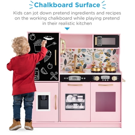 Best Choice Products Pretend Play Kitchen Wooden Toy Set for Kids w/ Telephone, Utensils, Oven, Microwave- Pink Floral - F10 - 1065