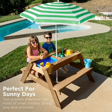 Best Choice Products Kids 3-in-1 Outdoor Convertible Activity Sand & Water Picnic Table w/ Umbrella - Green - L1 - 1970
