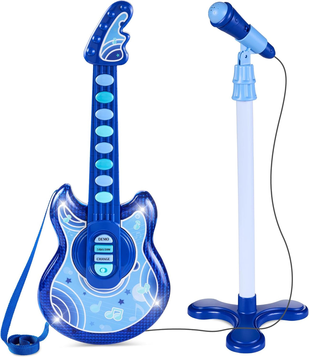 Best Choice Products 19in Kids Toy Guitar, Pretend Play Musical Instrument Toy for Toddlers w/Mic, Stand, 8 Demo Songs, Lights & Sounds - Blue - B2 - 1049