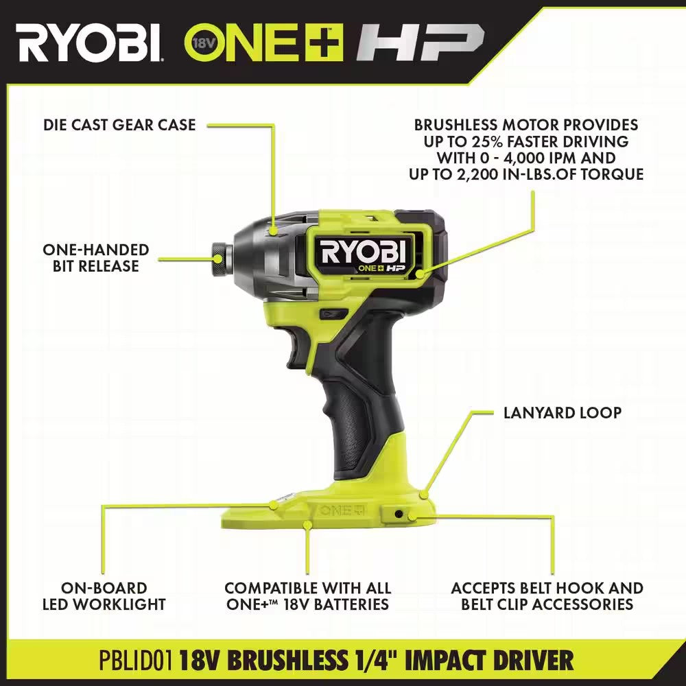 RYOBI ONE+ HP 18V Brushless Cordless 1/2 in. Drill/Driver and Impact Driver Kit w/(2) 2.0 Ah Batteries, Charger, and Bag 1675