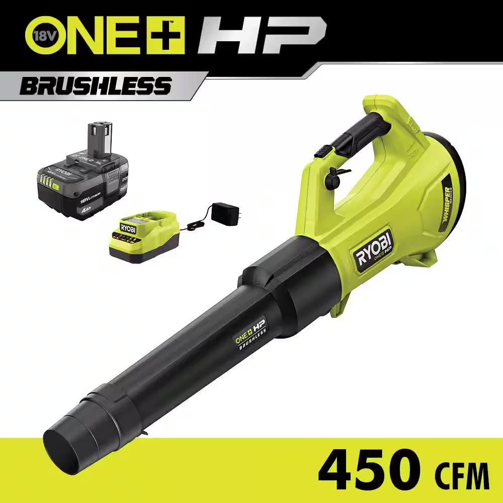 ONE+ HP 18V Brushless Whisper Series 130 MPH 450 CFM Cordless Battery Leaf Blower with 4.0 Ah Battery and Charger - 1066