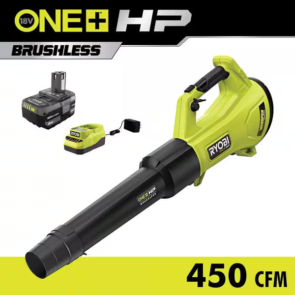 ONE+ HP 18V Brushless Whisper Series 130 MPH 450 CFM Cordless Battery Leaf Blower with 4.0 Ah Battery and Charger - 1066