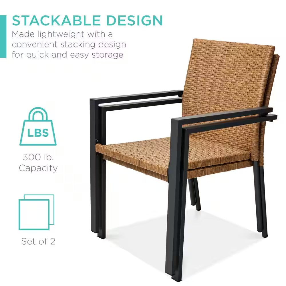 Set of 2 Stackable Natural Wicker Chairs with Armrests, Steel Conversation Accent Furniture for Patio -M5-0034