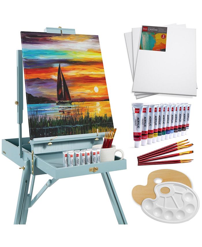 Best Choice Products French Easel, 32pc Beginners Kit Portable Wooden Adjustable Tripod w/ Paint Supplies - Blue - NO SIZE -G1-1637