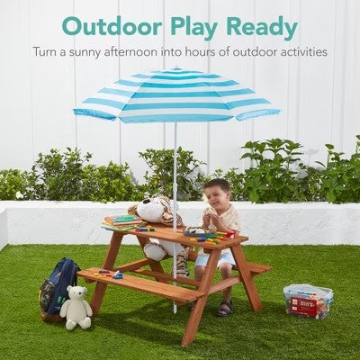 Best Choice Products Kids Wooden Picnic Table, Outdoor Activity Table w/ Adjustable Umbrella, Seats - Golden Brown/Aqua - G7 - 103