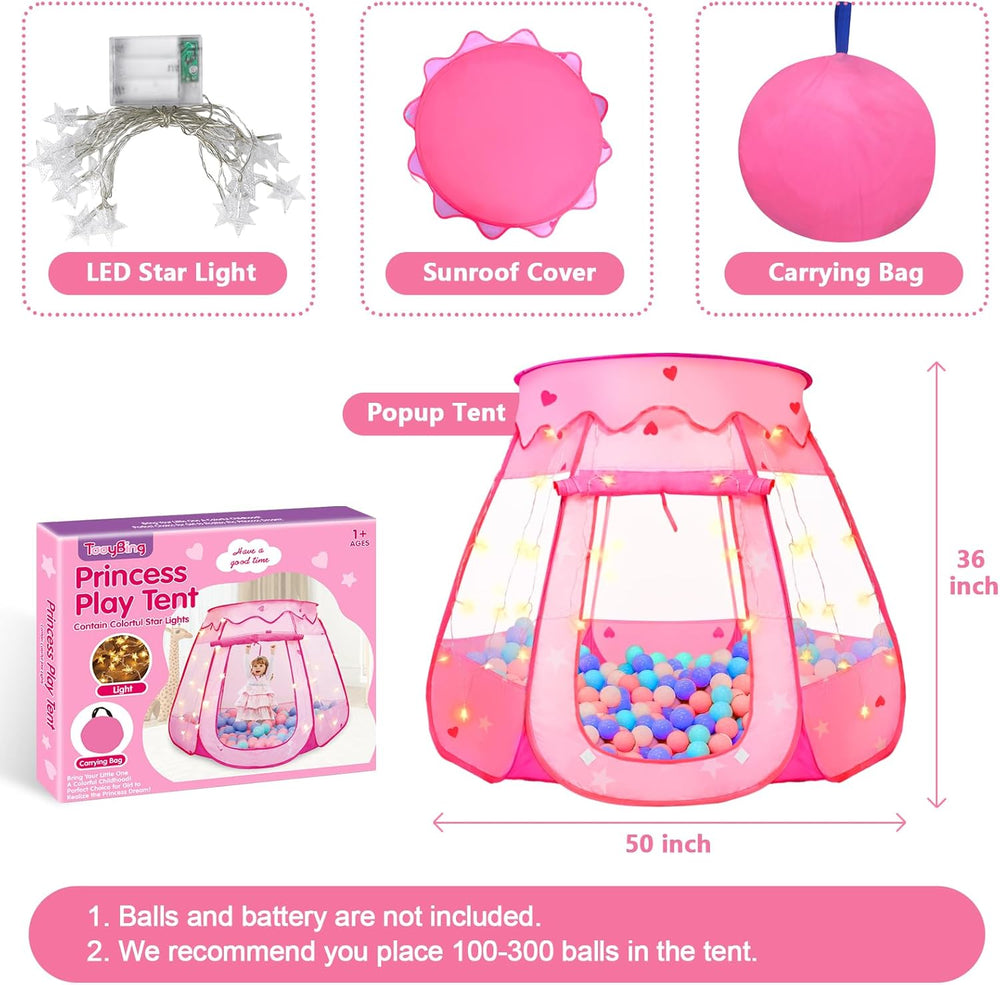 Pop Up Princess Tent with Star Light, Toys for 2 3 Year Old Girl Birthday Gift, Ball Pit for Baby with 1 Carrying Bag, Foldable Kids Play Tent for Toddlers, Two Year Old Girl Toy Indoor Outdoor 1376