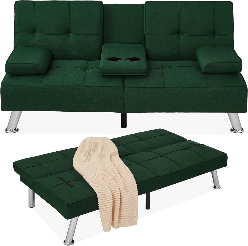 Best Choice Products Linen Modern Folding Futon, Reclining Sofa Bed for Apartment, Dorm w/Removable Armrests, 2 Cupholders - Dark Green 1488