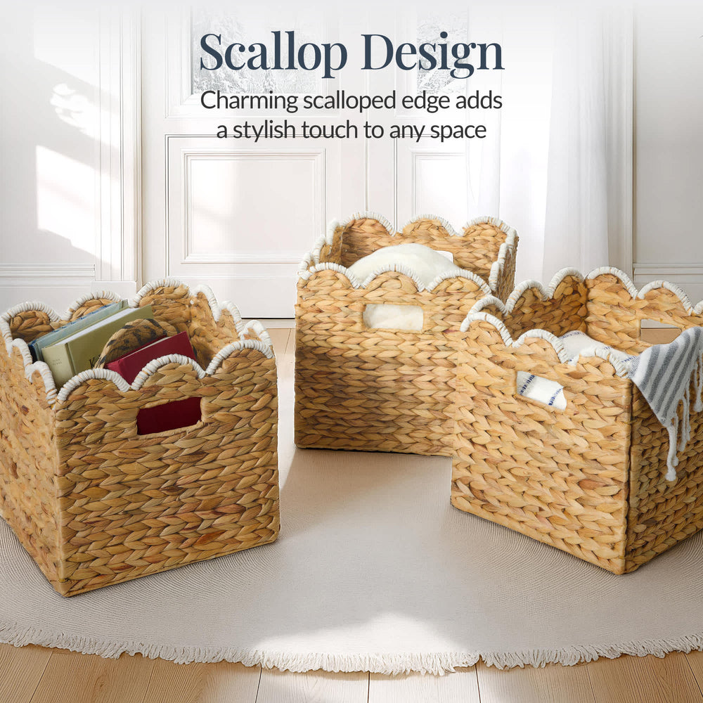 Best Choice Products Scalloped 13 x 13in Hyacinth Storage Basket Set of 5 - Natural with White Trim - G1 - 1588