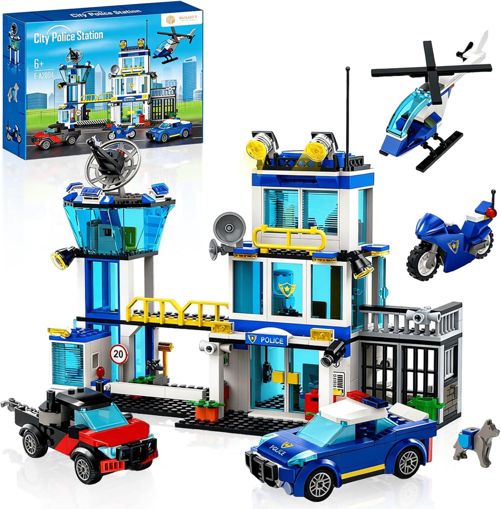 City Police Station Building Block Set with Light, 634 PCS HQ Station Kits with Helicopter, Police Car and Motorcycle. Ideal as a Birthday Holiday Collectible Gift for 6+ Fans, Boys and Girls 1293