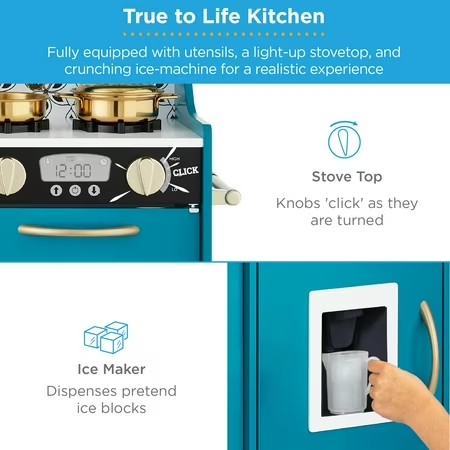 Best Choice Products Pretend Play Kitchen Wooden Toy Set for Kids w/ Telephone, Utensils, Oven, Microwave - Teal - A10 - 1512