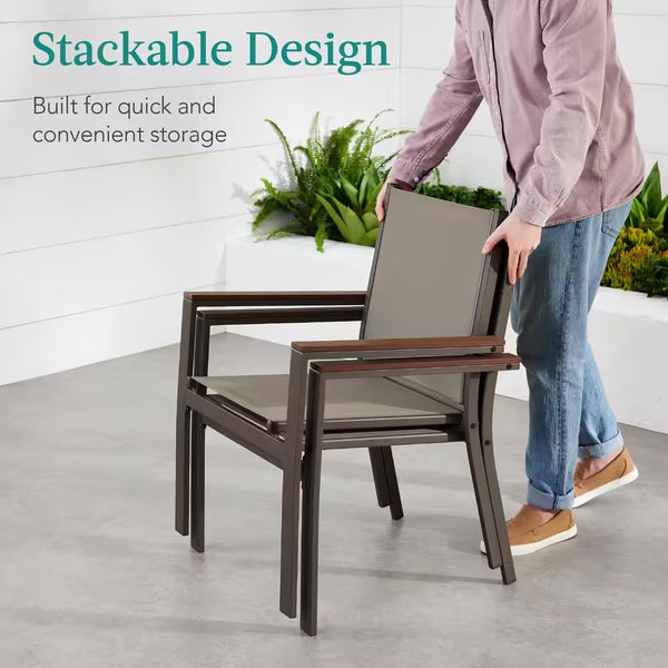 Set of 2 Brown Textilene Chairs with Brown Armrests, Steel Conversation Accent Furniture for Patio -h2-0777