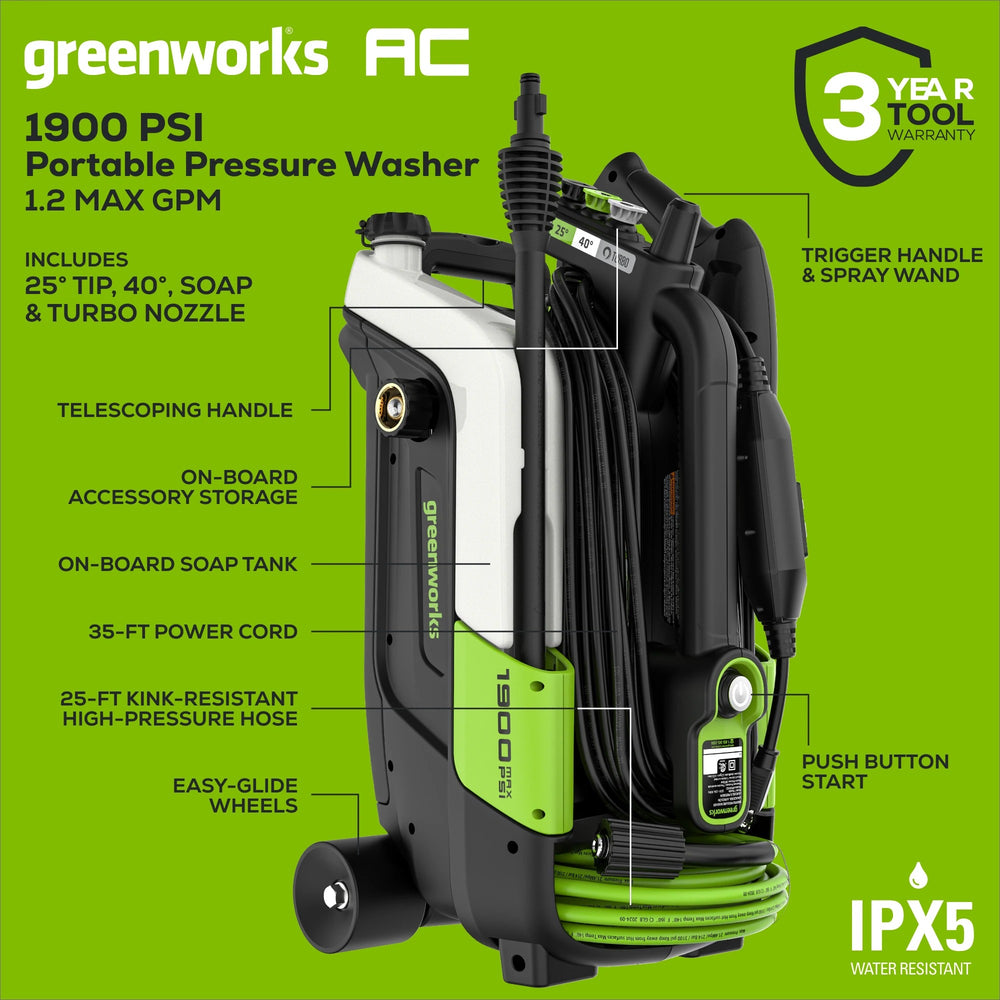 Greenworks 1900-PSI 1.2-GPM Cold Water Electric Pressure washer with 4 Spray Tips 1825