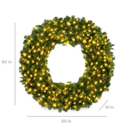 Best Choice Products 60in Artificial Pre-Lit Fir Christmas Wreath Decoration w/ 375 LED Lights, 930 Tips, Power Plug-In -E3-1663
