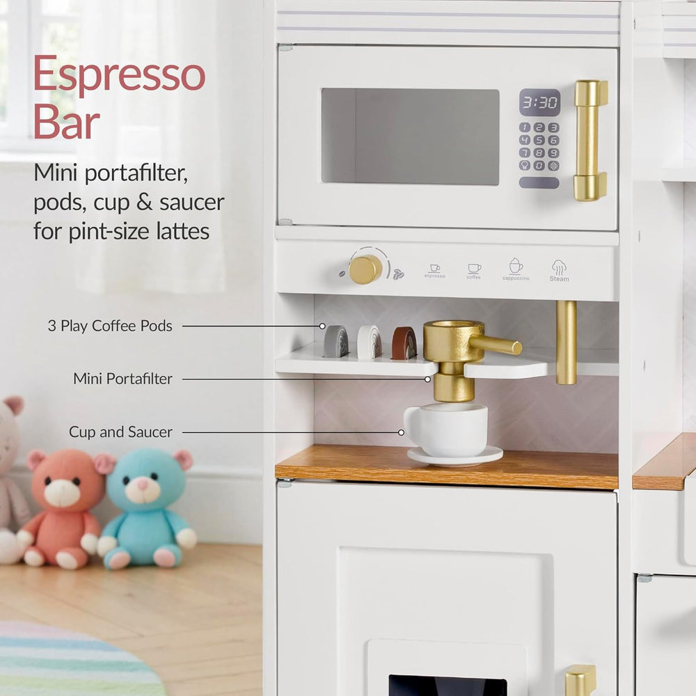 Best Choice Products Toddler Kitchen Playset with Pretend Play Espresso Machine, Interactive Wooden Kids Play Kitchen Equipped with Toy Storage and 17 Accessories - White - G7 - 960