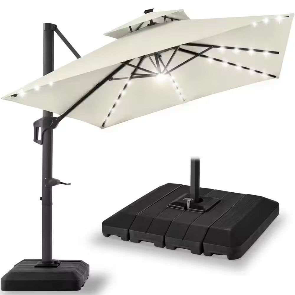 10 ft. Solar LED 2-Tier Square Cantilever Patio Umbrella with Base Included in Ivory - TR - 279