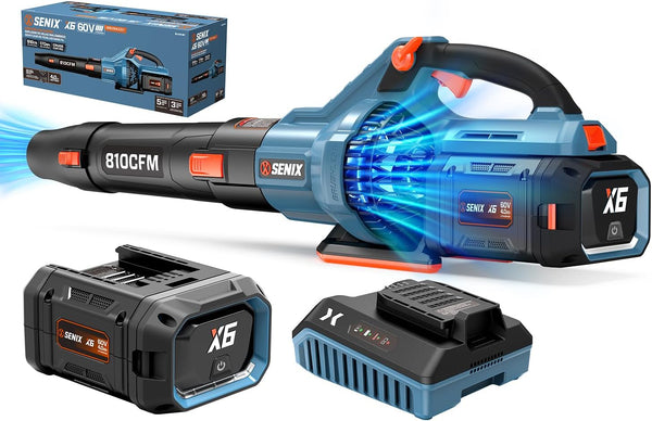 SENIX Leaf Blower Cordless, 60V Max 1300W Brushless Electric Leaf Blowers, 810 CFM & 170 MPH, Stepless Speed, Cruise Control, 60V 4.0Ah Battery & Charger Included,Blowers for Lawn Care, Yard, Garden 1949