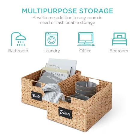 Best Choice Products Set of 2 16in Woven Water Hyacinth Pantry Baskets w/ Chalkboard Label, Chalk Marker - Natural - E2 - 1658 -J13-1912