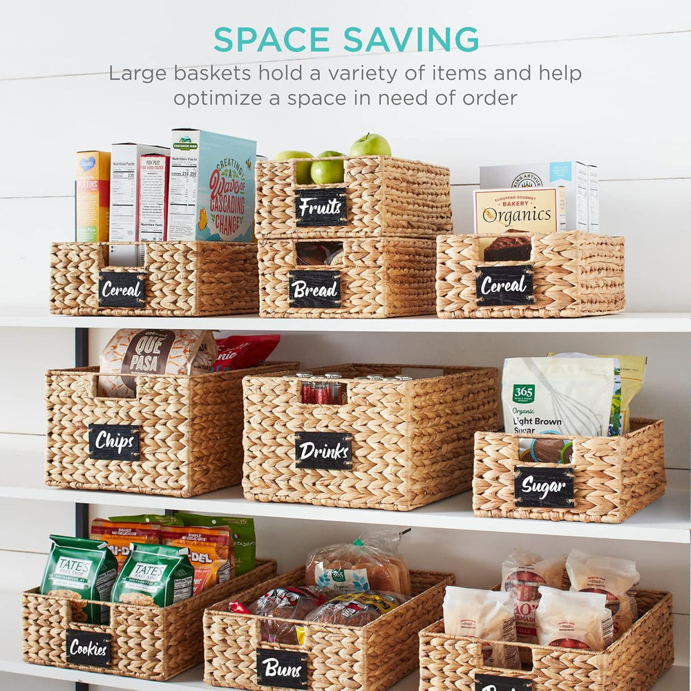 Best Choice Products Set of 4 9x12in Water Hyacinth Pantry Baskets, Woven Organizers w/Chalkboard Label, Chalk Marker - Natural - B2 - 1039