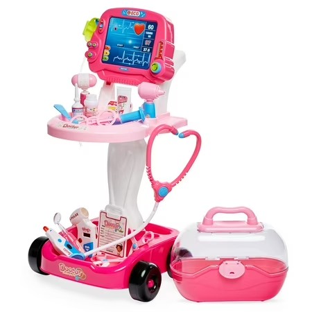 Best Choice Products Play Doctor Kit for Kids, Pretend Medical Station Set with Carrying Case, Mobile Cart - Pink - F3 - 1590