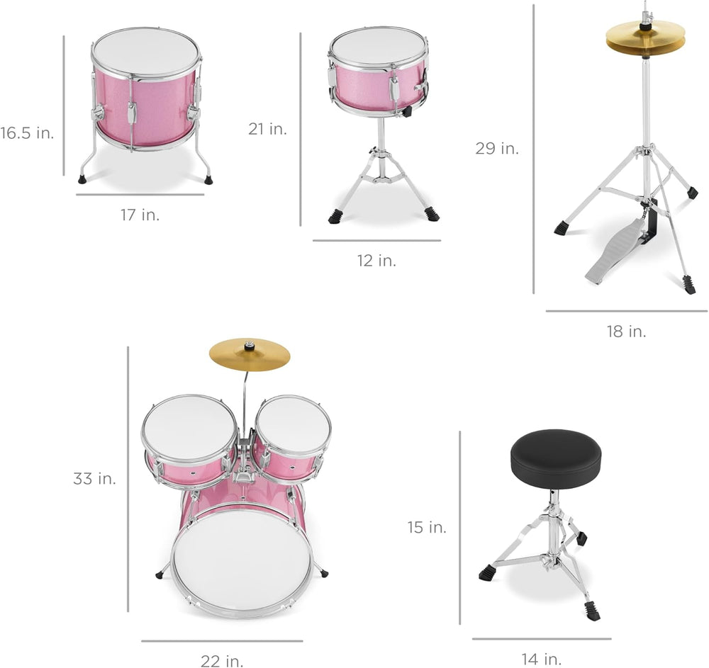 Best Choice Products Kids 5-Piece Beginner Drum Set Junior Kit, Starter Percussion w/Cymbals, Pedal, Toms, Snare, Drumsticks, Stool - Pink Sparkle - G11 - 1061