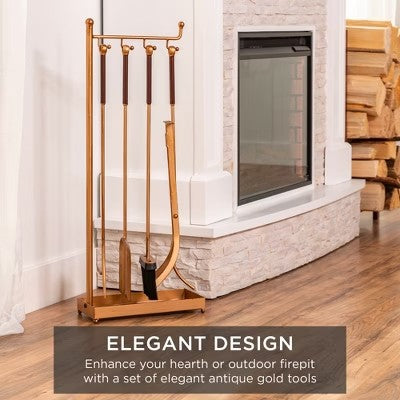 Best Choice Products 5-Piece Modern Contemporary Indoor Outdoor Antique Fireplace Tool Set w/ Ergonomic Handles - Gold -A10-0595