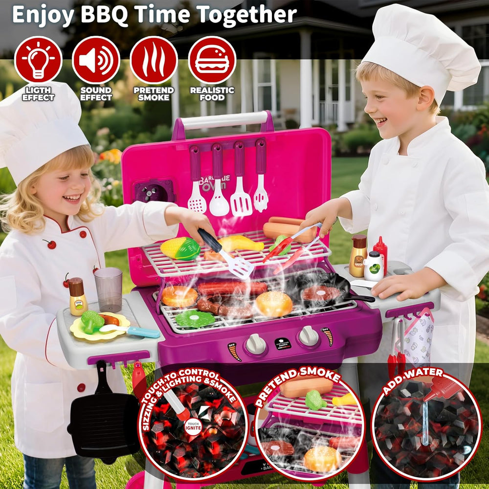 Kids Kitchen Toy Set, Kids BBQ Grill Playset with Smoke Sound Light, 2-Layer Barbecue Toy with Wheel, Simulation Cooking Interactive Toys, Kid Kitchen Playset, Christmas Birthday Gift for Boys Girls 1289