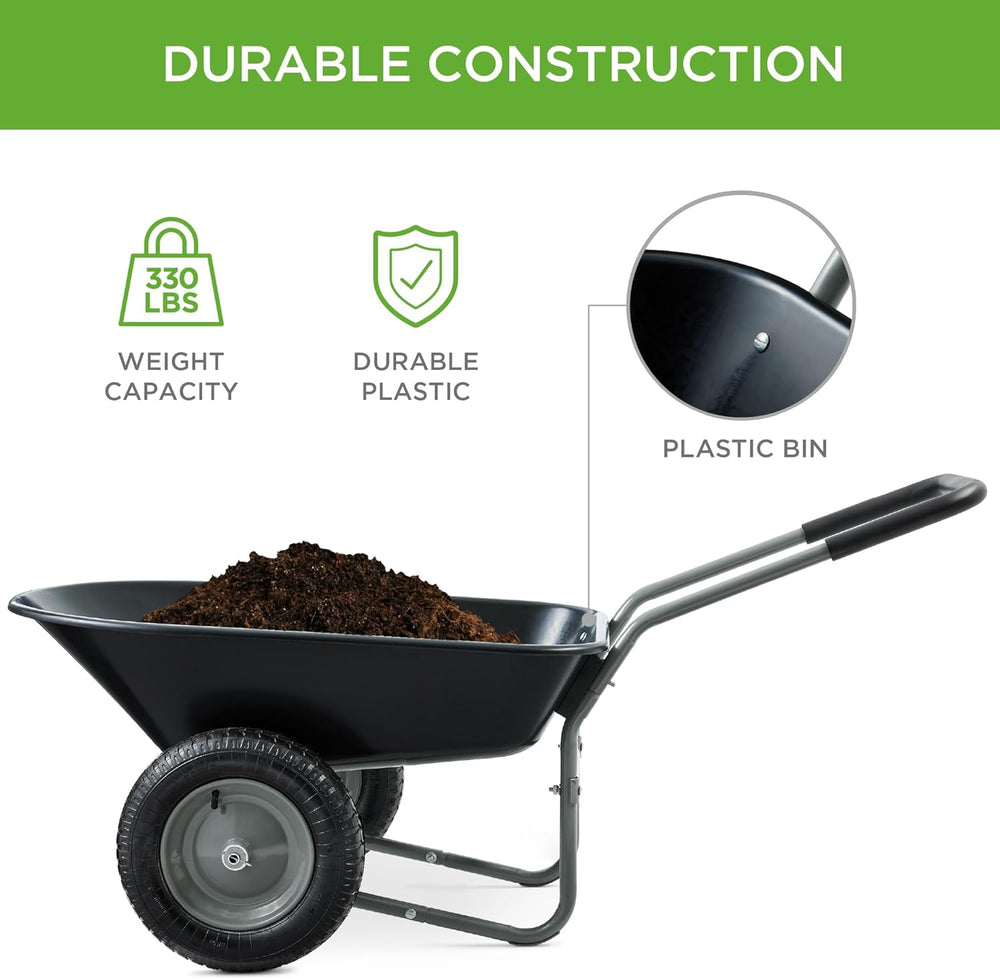 Best Choice Products Dual-Wheel Home Utility Yard Wheelbarrow Garden Cart w/Built-in Stand for Lawn, Gardening, Construction - Black 1484