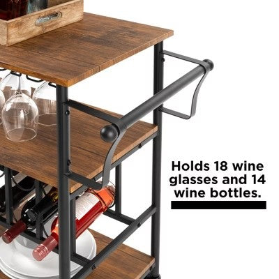 Best Choice Products 45in Industrial Wood Shelf Bar & Wine Storage Service Cart w/ Bottle & Glass Racks, Locking Wheels - B11 - 1507