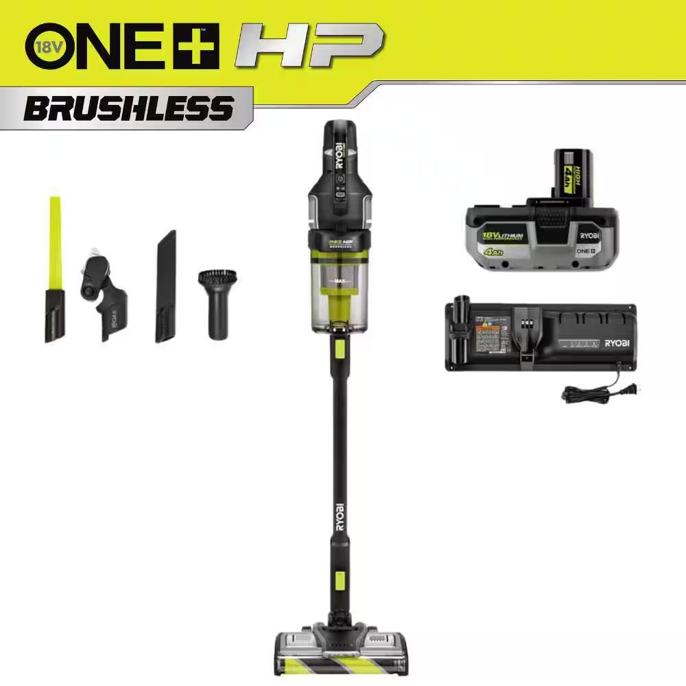 RYOBI ONE+ HP 18V Cordless Advanced WHISPER Series Stick Vacuum Kit with 4.0 Ah Battery and Charger - 1063