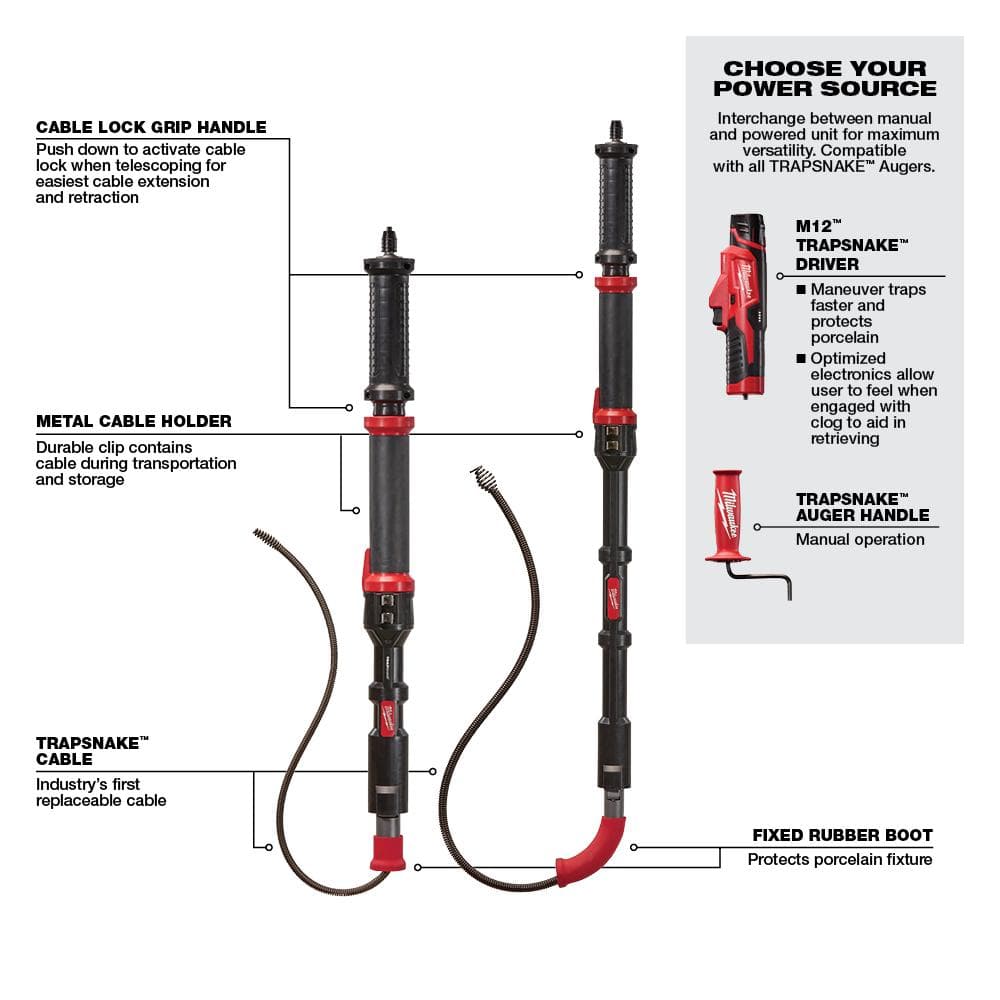 Milwaukee M12 Trap Snake 12V Lithium-Ion Cordless Toilet and Urinal Auger Power Driver w/ 1.5AH Battery and Charger 1840