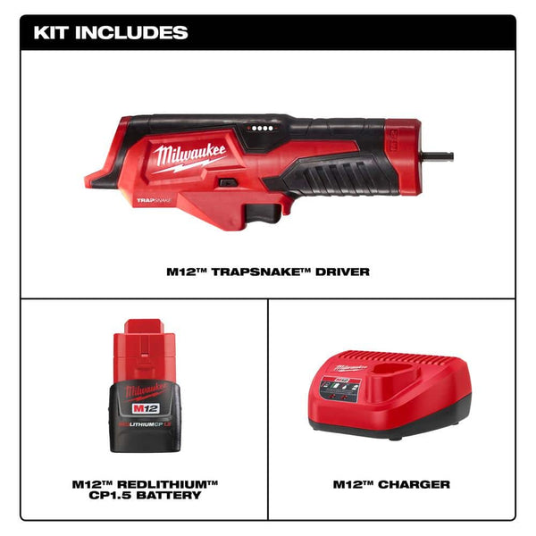Milwaukee M12 Trap Snake 12V Lithium-Ion Cordless Toilet and Urinal Auger Power Driver w/ 1.5AH Battery and Charger 1840