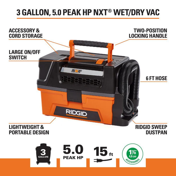 RIDGID 3 Gal. 5.0 Peak HP NXT Shop Vacuum Wet Dry Vac with Fine Dust Filter, Expandable Hose and Accessory Attachments HD0300