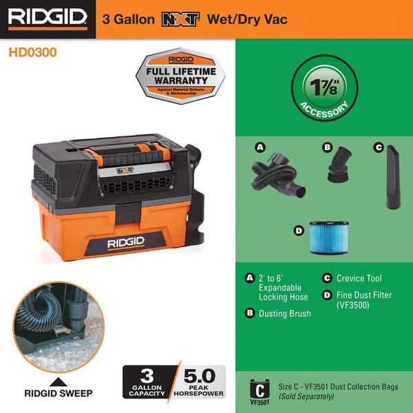 RIDGID 3 Gal. 5.0 Peak HP NXT Shop Vacuum Wet Dry Vac with Fine Dust Filter, Expandable Hose and Accessory Attachments HD0300