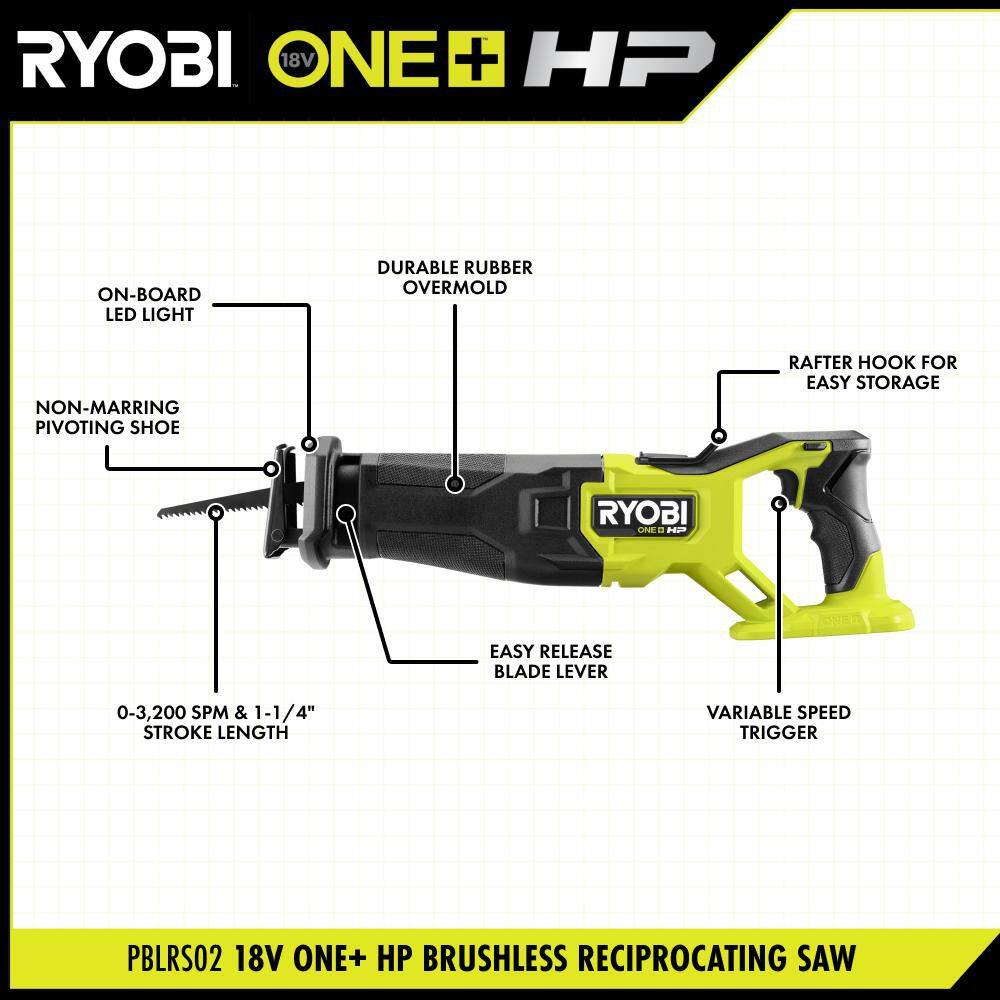 RYOBI ONE+ HP 18V Brushless Cordless Reciprocating Saw (Tool Only) 1852