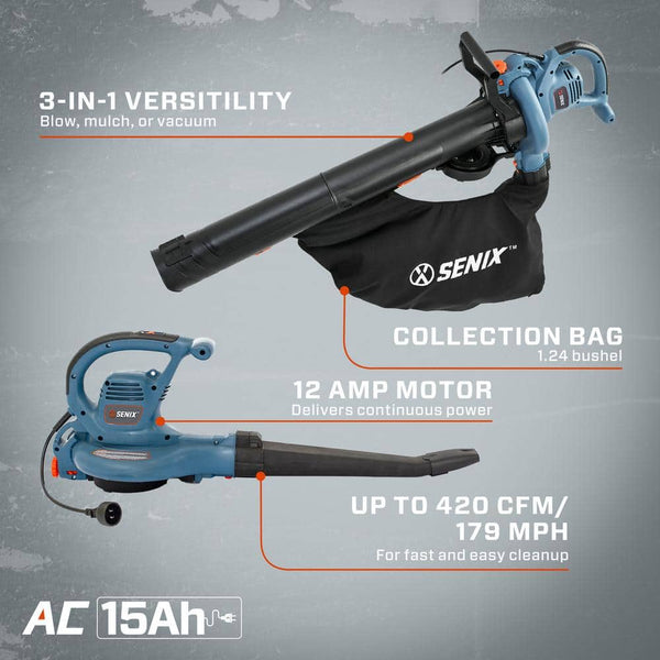 179 MPH Wind Velocity and 420 CFM Air Volume 12 Amp Electric Leaf Blower/Vacuum/Mulcher 1883